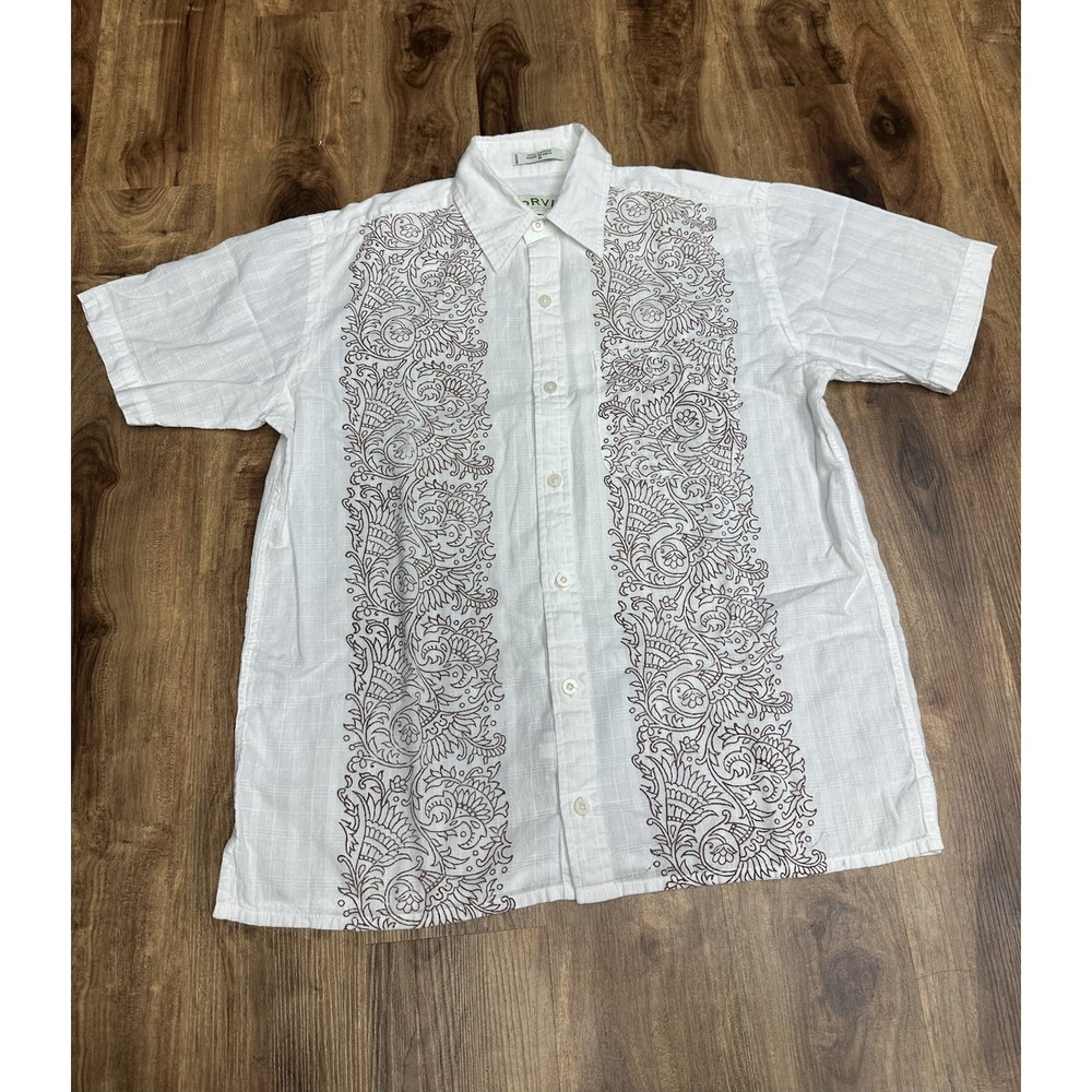 Orvis Mens Medium Guayabera Short Sleeve Resort Embroidered Shirt